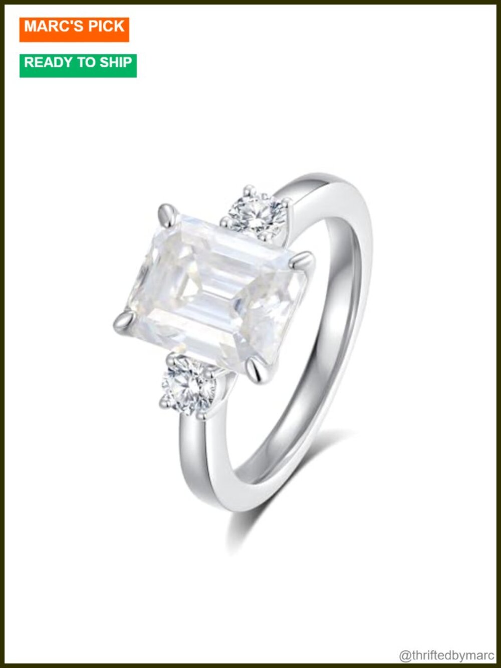 Moissanite Engagement Ring 3 Stone Emerald Cut S925 Sterling Silver 18K White